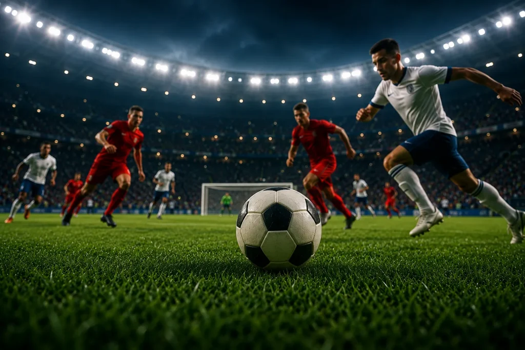 world cup livescore Intense soccer match under stadium lights